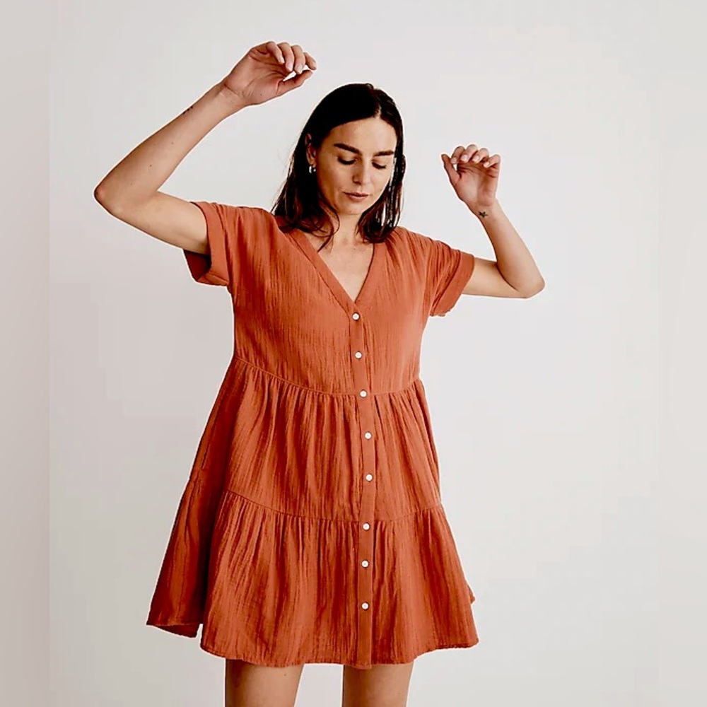 Madewell- Lightspun Cuff-Sleeve Button-Front Tiered Mini Dress size -xxl